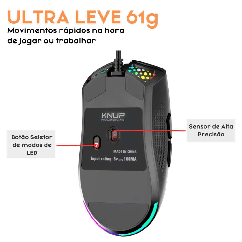 Knup Mouse Mouse Gamer Jogo Knup Com Fio RGB 7200 DPI Óptico
