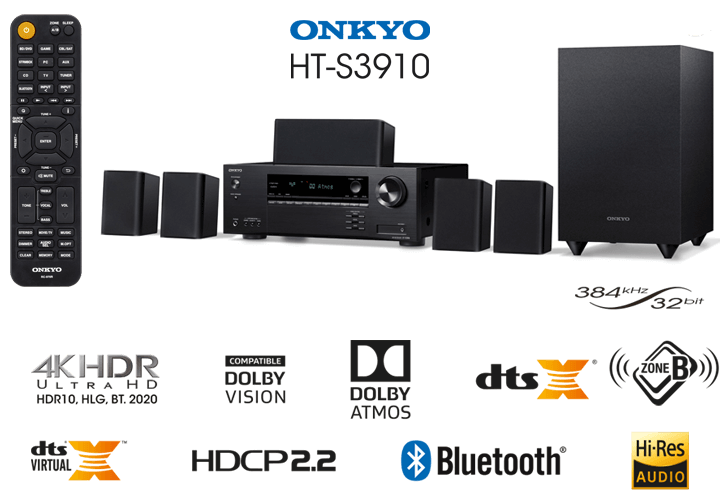 Home Theater Onkyo, 5.1 Canais, 4K, Bluetooth, Dolby Atmos e DTS: X - HT-S3910-B