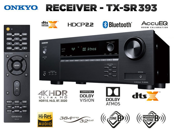 Receiver Onkyo, Bluetooth, 4K HDR, 5.2 Canais, 110V, Dolby Atmos e DTS:X - TX-SR393