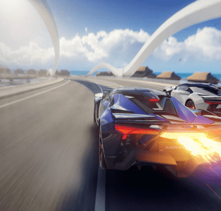 Imagem de um jogo que mostra um carro em alta velocidade numa pista com curvas.