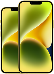 Imagem da parte da frente do iPhone 14 de 6,1 polegadas. Imagem da parte da frente do iPhone 14 Plus de 6,7 polegadas.