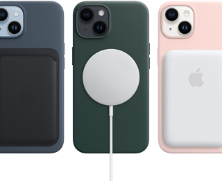 Capas MagSafe para iPhone 14 nas cores meia-noite, verde-floresta e rosa-giz com acessórios MagSafe: carteira, carregador e bateria.
