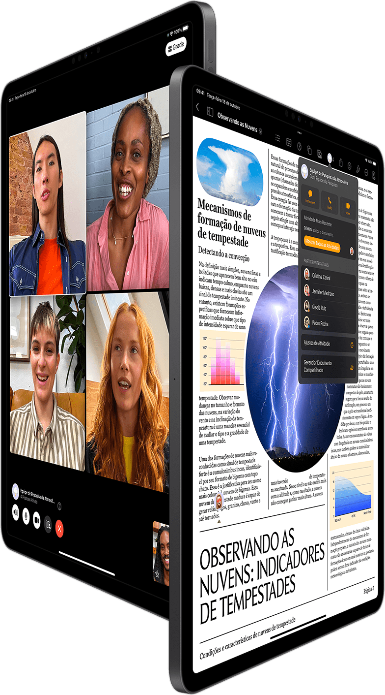 FaceTime em Grupo e Colaboração no Pages exibidos em dois aparelhos iPad Pro.