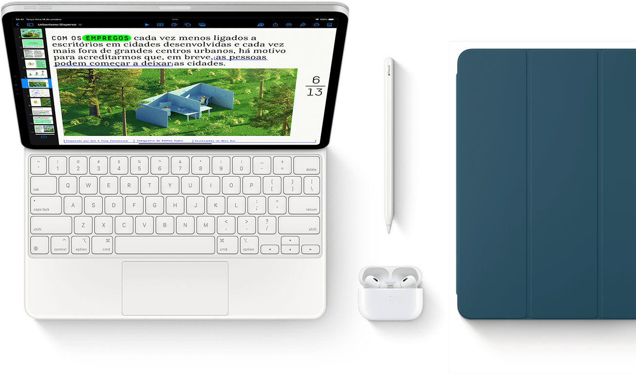 Smart Keyboard Folio, Apple Pencil, AirPods Pro e capa para iPad em azul-marinho.