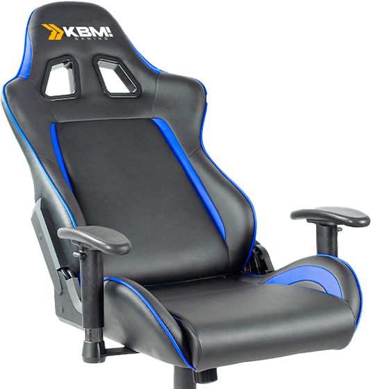 Imagem de uma cadeira gamer preta e azul. A cadeira possui apoio para os braços, um encosto de cabeça e um design ergonômico. A cadeira também é reclinável.
