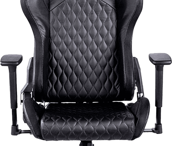  Imagem de uma cadeira gamer preta e vermelha. A cadeira possui apoio para os braços e um design ergonômico. A cadeira também é reclinável.