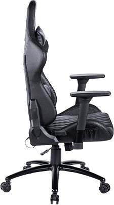 cadeira gamer preta de lado. A cadeira possui design ergonômico com apoio para a cabeça, costas e braços ajustáveis. A cadeira também é reclinável e o material é respirável e resistente.