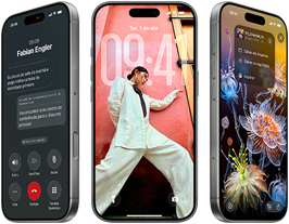 3 modelos de iPhone 17 Pro, parte da frente, lado a lado, demonstrando o iOS 26, o efeito Liquid Glass e o recurso Apple Intelligence