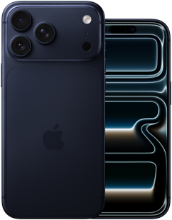 Lado a lado, a parte de trás do iPhone 17 Pro Max, o sistema de câmera Pro, três lentes, microfone, flash, cor azul-intenso e a parte da frente do iPhone 17 Pro, design todo tela, cor azul-intenso