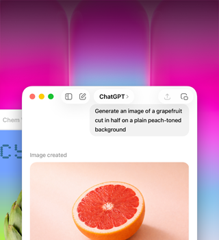 Tela do MacBook Neo, com o ChatGPT gerando a imagem de uma toranja. A segunda janela mostra a imagem de uma alcachofra em um fundo degradê no Keynote