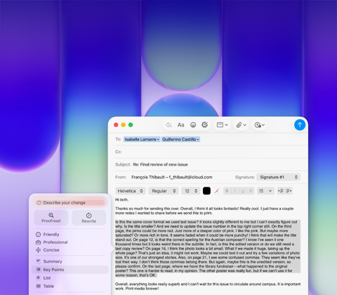 Tela do MacBook Neo com as Ferramentas de Escrita da Apple Intelligence no app Mail para revisar um parágrafo longo em um e-mail com comentários sobre uma publicação