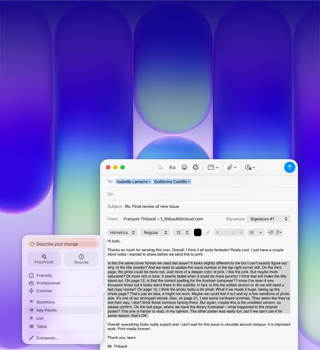Tela do MacBook Neo com as Ferramentas de Escrita da Apple Intelligence no app Mail para revisar um parágrafo longo em um e-mail com comentários sobre uma publicação