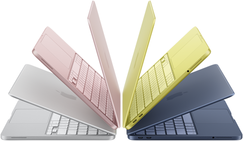 Notebooks MacBook Neo prateado, blush, amarelo-cítrico e índigo levemente abertos e dispostos em arco
