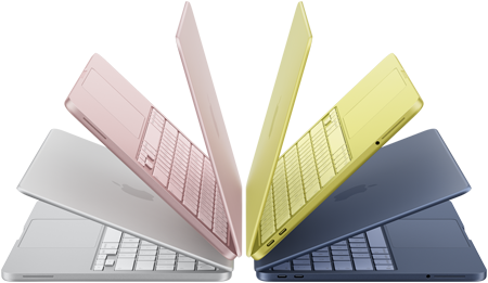 Notebooks MacBook Neo prateado, blush, amarelo-cítrico e índigo levemente abertos e dispostos em arco