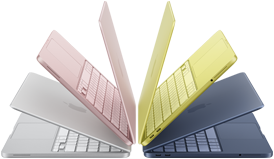 Notebooks MacBook Neo prateado, blush, amarelo-cítrico e índigo levemente abertos e dispostos em arco