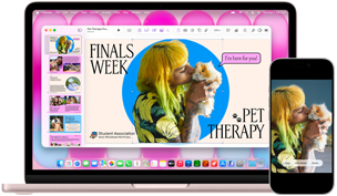 MacBook Neo na cor blush ao lado de um iPhone. A tela do MacBook Neo mostra uma apresentação sobre terapia com bichos de estimação e semana de provas, com a foto de uma pessoa segurando um porquinho-da-índia. A tela do iPhone mostra a mesma foto, que foi transformada em um adesivo para usar na apresentação