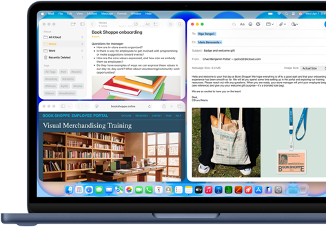 MacBook Neo índigo. A tela mostra um e-mail de boas-vindas para uma pessoa que está começando a trabalhar em uma livraria. Outras janelas mostram um documento do app Notas sobre integração e o site do portal para funcionários da livraria no Safari