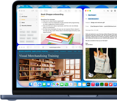MacBook Neo índigo. A tela mostra um e-mail de boas-vindas para uma pessoa que está começando a trabalhar em uma livraria. Outras janelas mostram um documento do app Notas sobre integração e o site do portal para funcionários da livraria no Safari