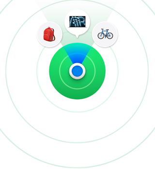 El ícono de la app Encontrar y algunos artículos que puede localizar, incluida una laptop Mac, una mochila y una bicicleta