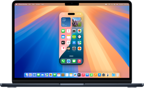 La funcionalidad Duplicación del iPhone en una MacBook Air, que muestra la pantalla con varias apps de un iPhone en la pantalla de la computadora
