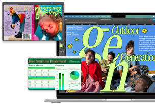 Diversas pantallas muestran las apps InDesign y Numbers para demostrar el rendimiento de la MacBook Air de 13 pulgadas con el chip M4