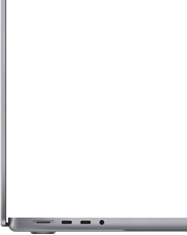 Imagem lateral do MacBook Pro de 14 polegadas na cor cinza-espacial.