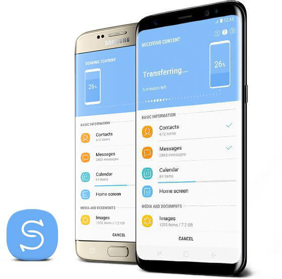 Smartphone antigo ao lado do Galaxy S8 com o aplicativo Smart Switch em ambas as telas