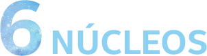 Texto 6 Núcleos grafado em azul com textura representando a galáxia. 