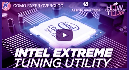 Player de vídeo com imagem do processador Core i5 9th Gen Intel acoplado em uma placa mãe. Na parte inferior, texto Intel Extreme Tuning Utility em branco. Toda imagem tem um tom arroxeado.