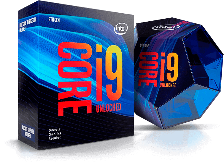 Caixa do Processador Core i9 Unlocked Intel na cor azul e texto em degradê do vermelho ao amarelo. Ao lado um diamante azul translúcido com as mesmas inscrições da caixa.