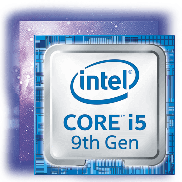 Representação de um processador Intel Core i5 9th Gen branco com bordas azuis em vista superior. Ao fundo um elemento decorativo quadrado simbolizando uma galáxia.