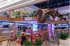 Entrada da Galeria Magalu, com pessoas fazendo compras.