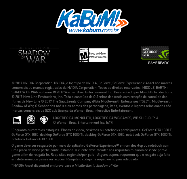 KaBuM! - www.kabum.com.br - Na compra de uma Geforce GTX 1080 TI, GTX 1080,  GTX 1070 ou GTX 1060 você GANHA o game For Honor ou Ghost Recon: Wildlands!  Garanta a eficiência
